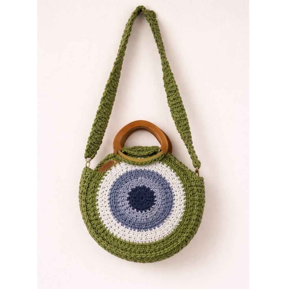 Dokan Evil Eye Tote Bag Round Crochet Womens One Size Green  Boho Wooden Handle